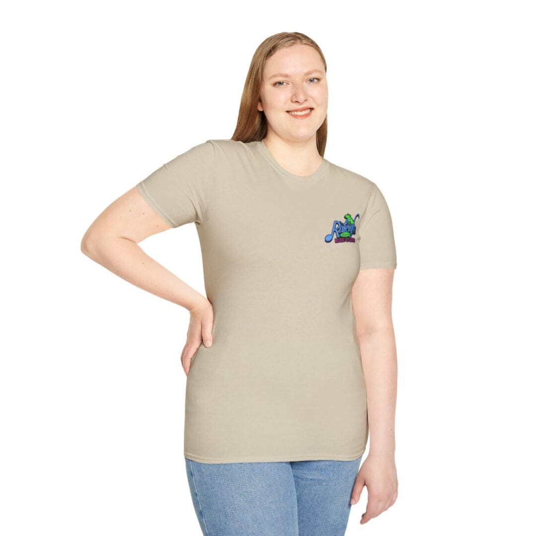 Woman in beige t-shirt with logo.