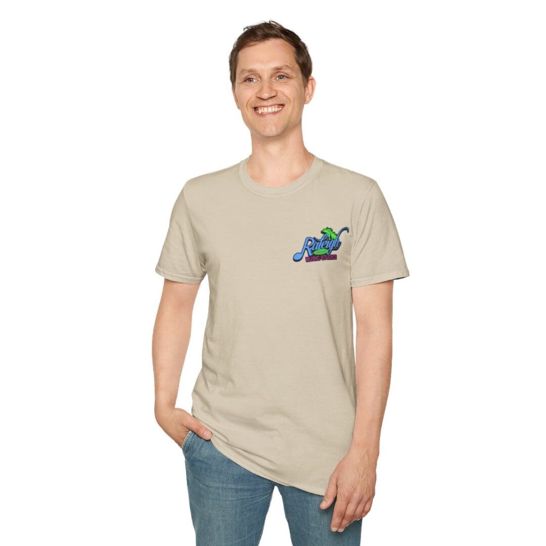 Man in beige t-shirt with Raleigh logo.