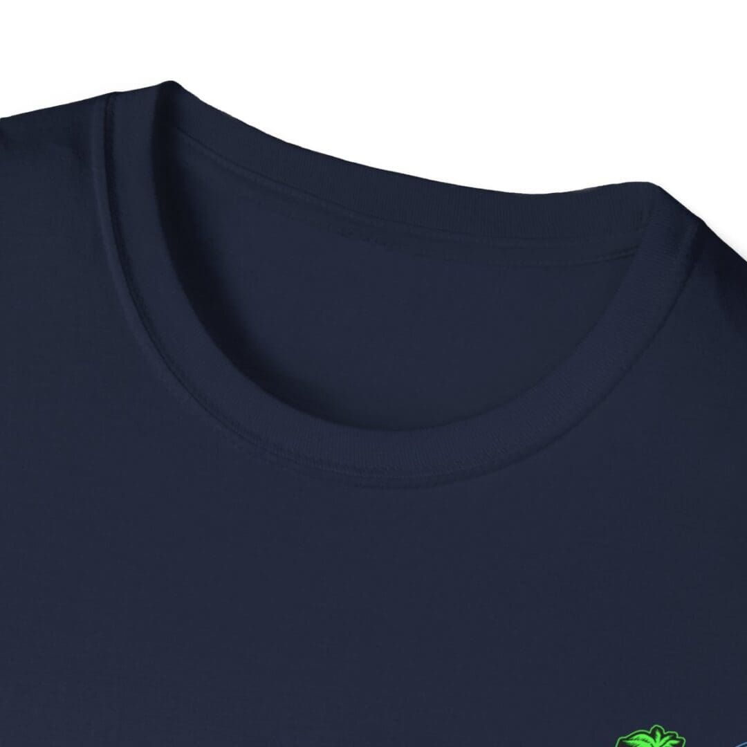 Navy blue crew neck t-shirt close-up.