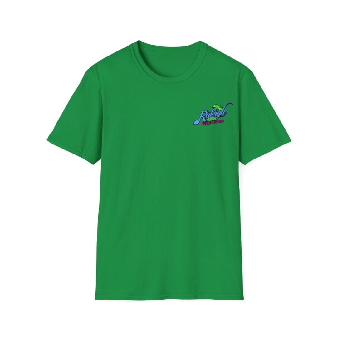 Green t-shirt with Raleigh Music Studios logo.