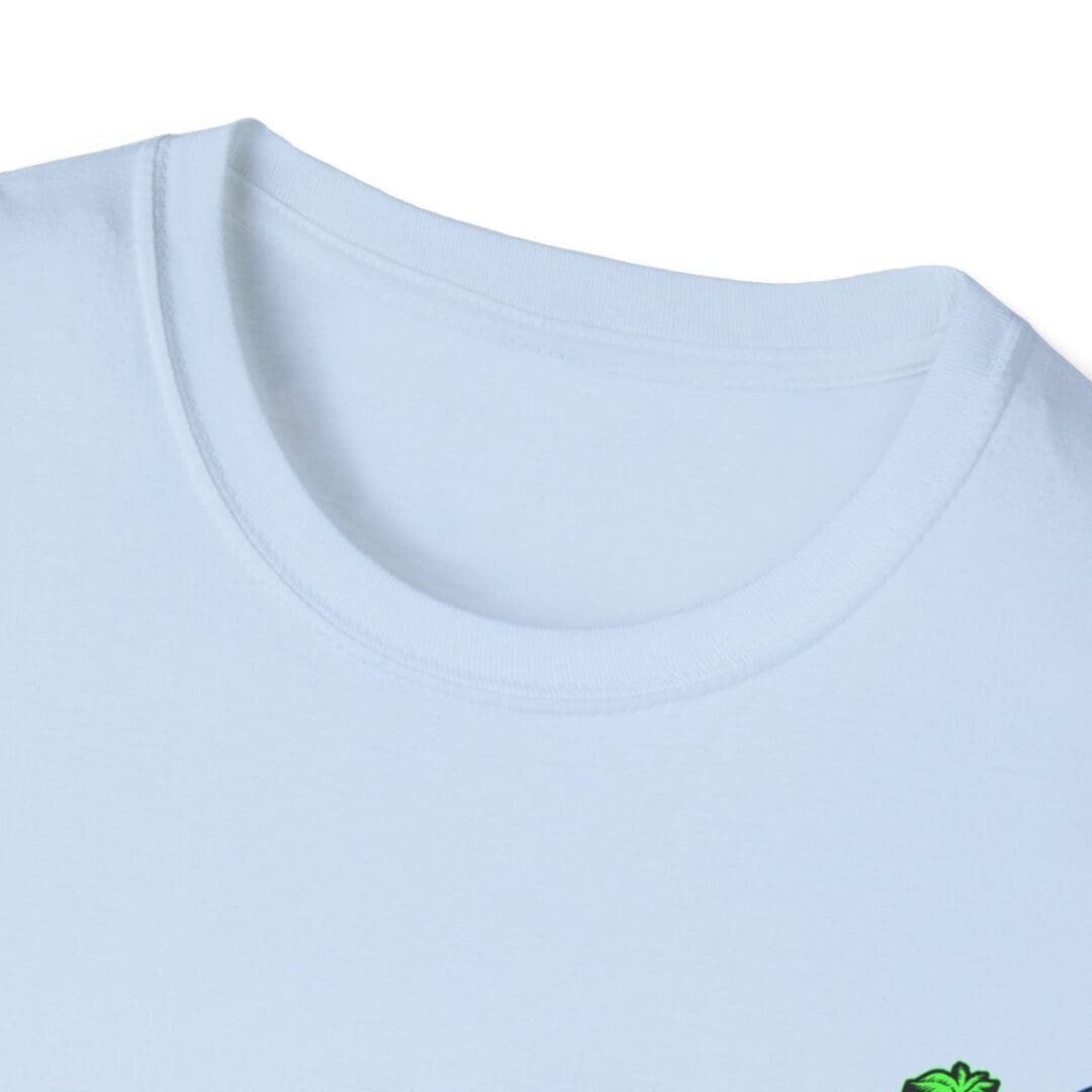 Light blue crew neck t-shirt closeup.
