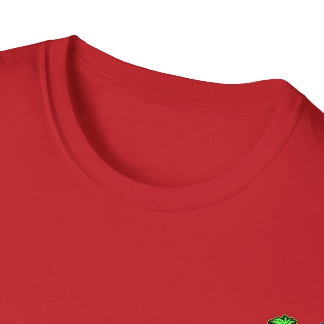 Red crew neck t-shirt close-up.