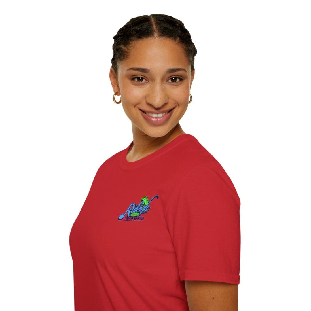 Woman in red shirt, Ranchito logo.