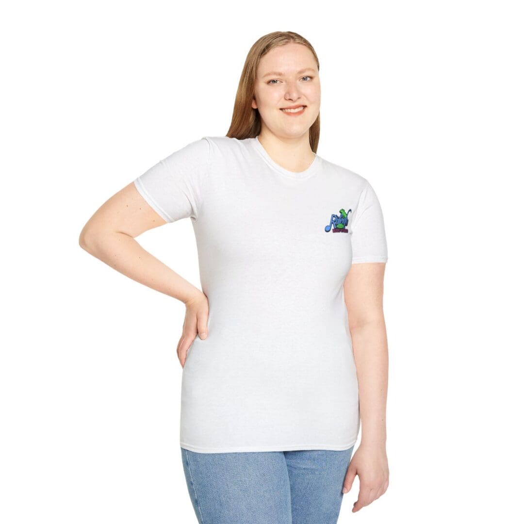 Woman in white tee with small logo.