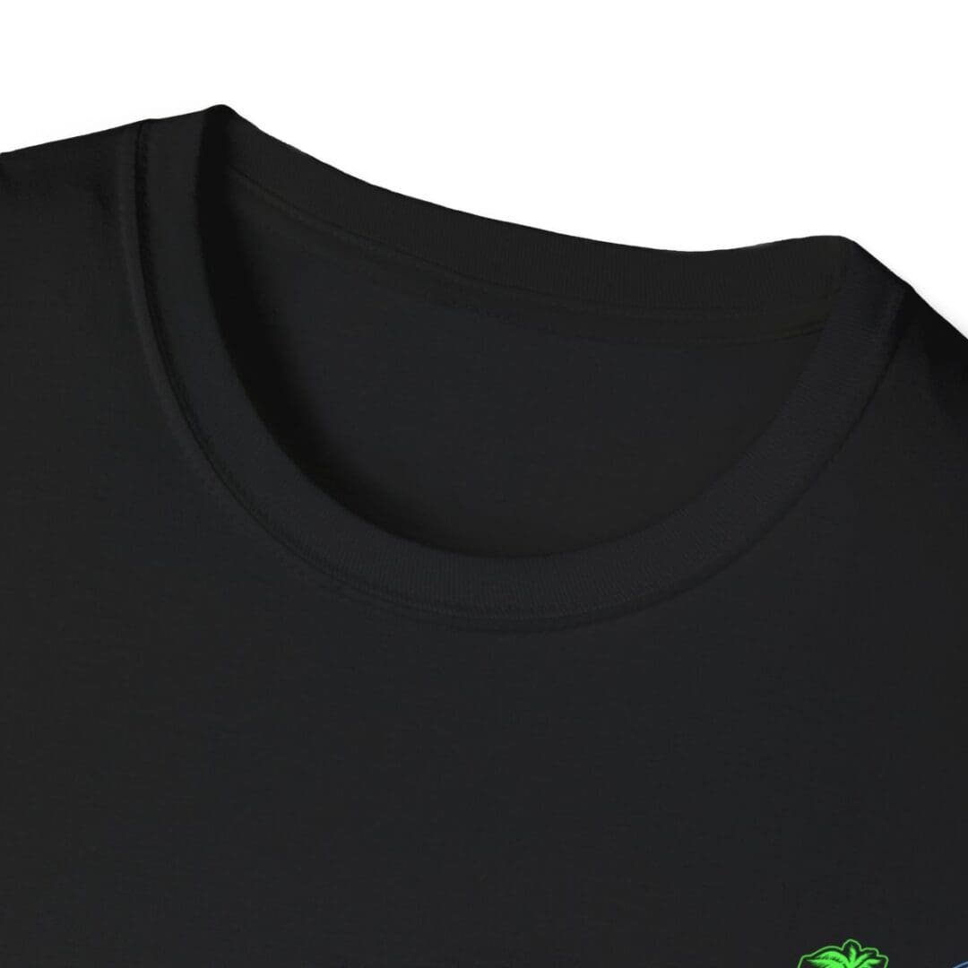 Black crew neck t-shirt close-up.