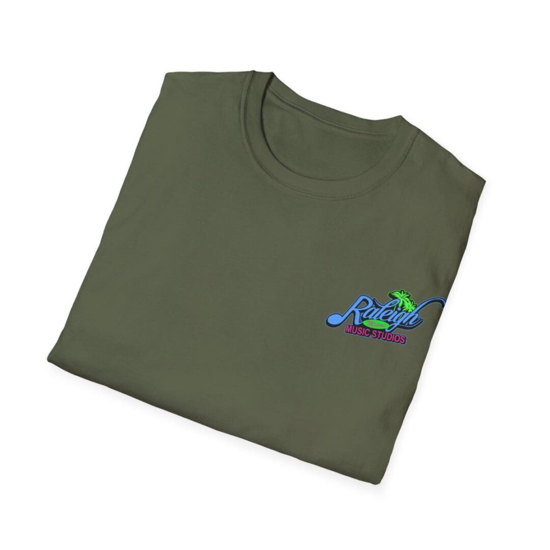 Folded olive green Raleigh Music Studios tee.