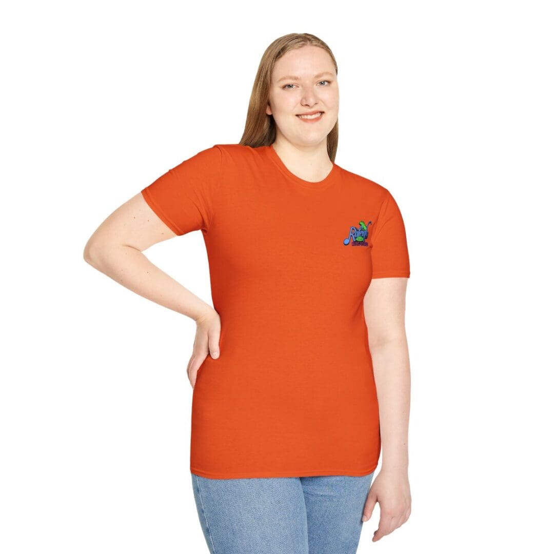 Woman in orange T-shirt with small logo.