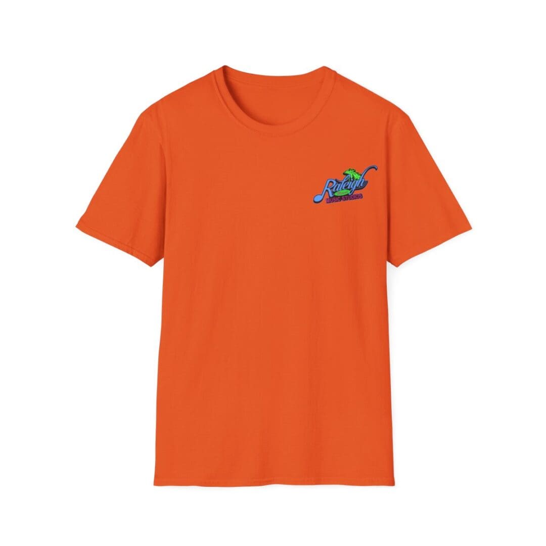 Orange t-shirt with Raleigh Music Studio logo.