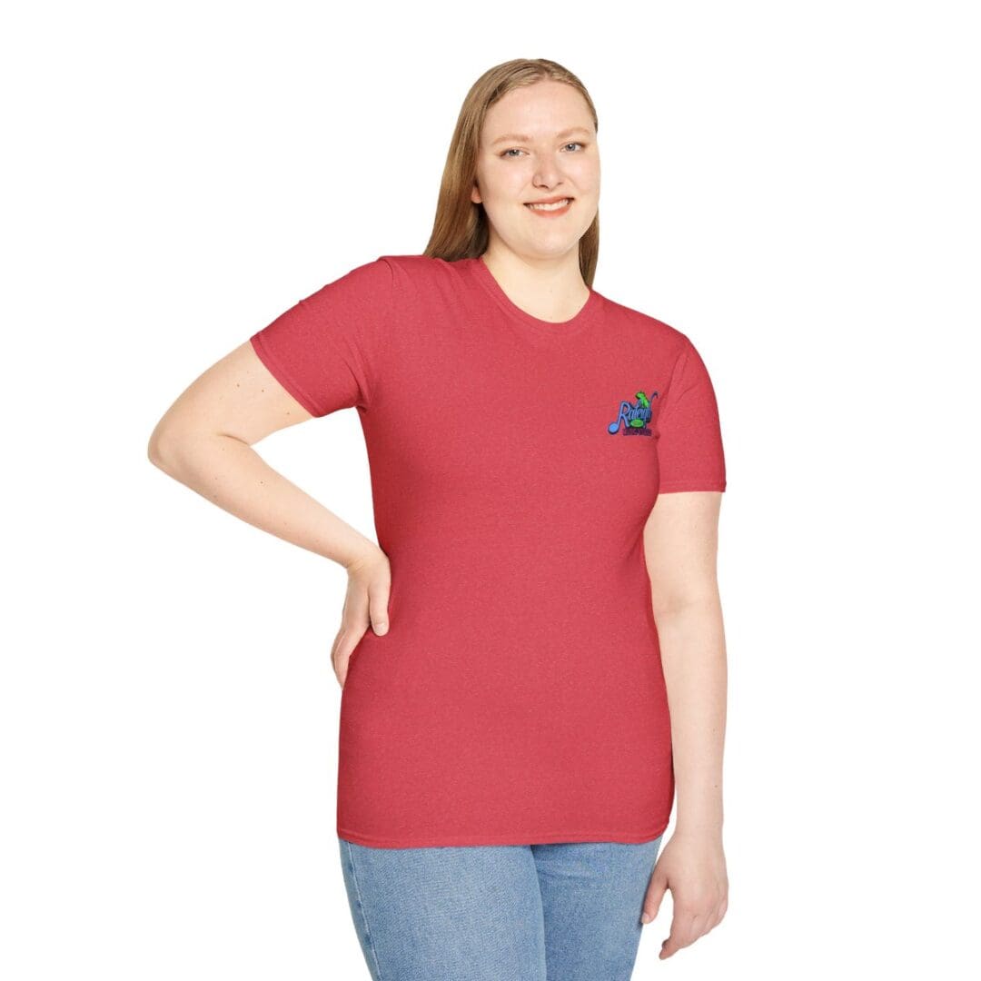 Woman in red shirt with small logo.