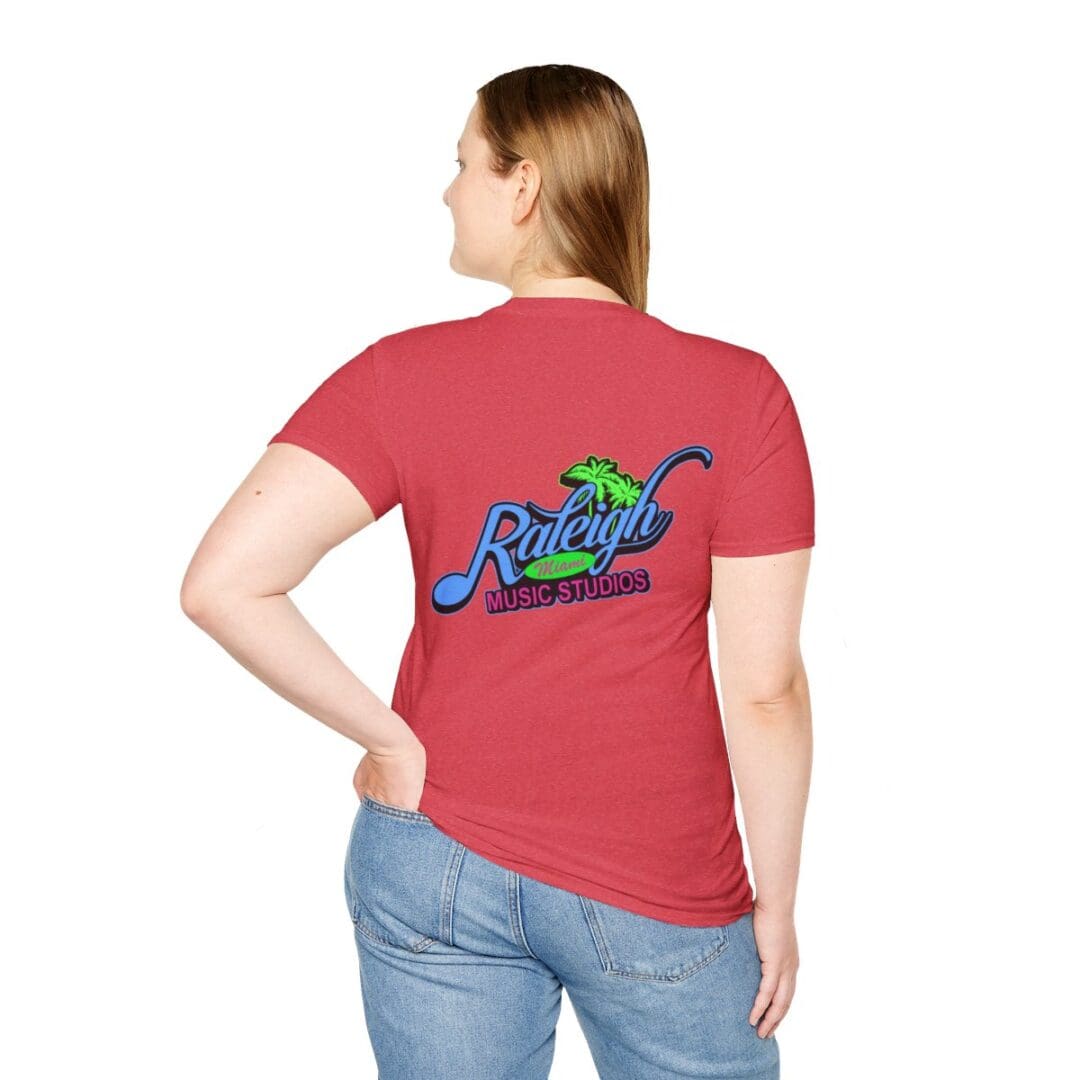 Woman's red shirt, Raleigh Music Studios logo.