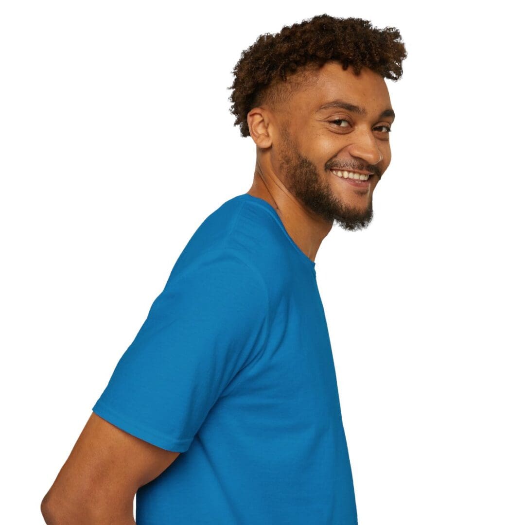 Smiling man in a blue t-shirt.