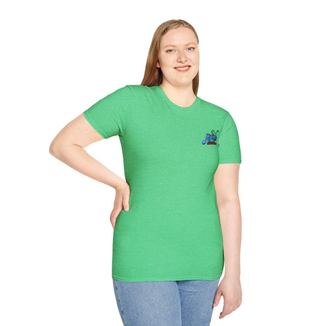 Woman in green shirt with small logo.