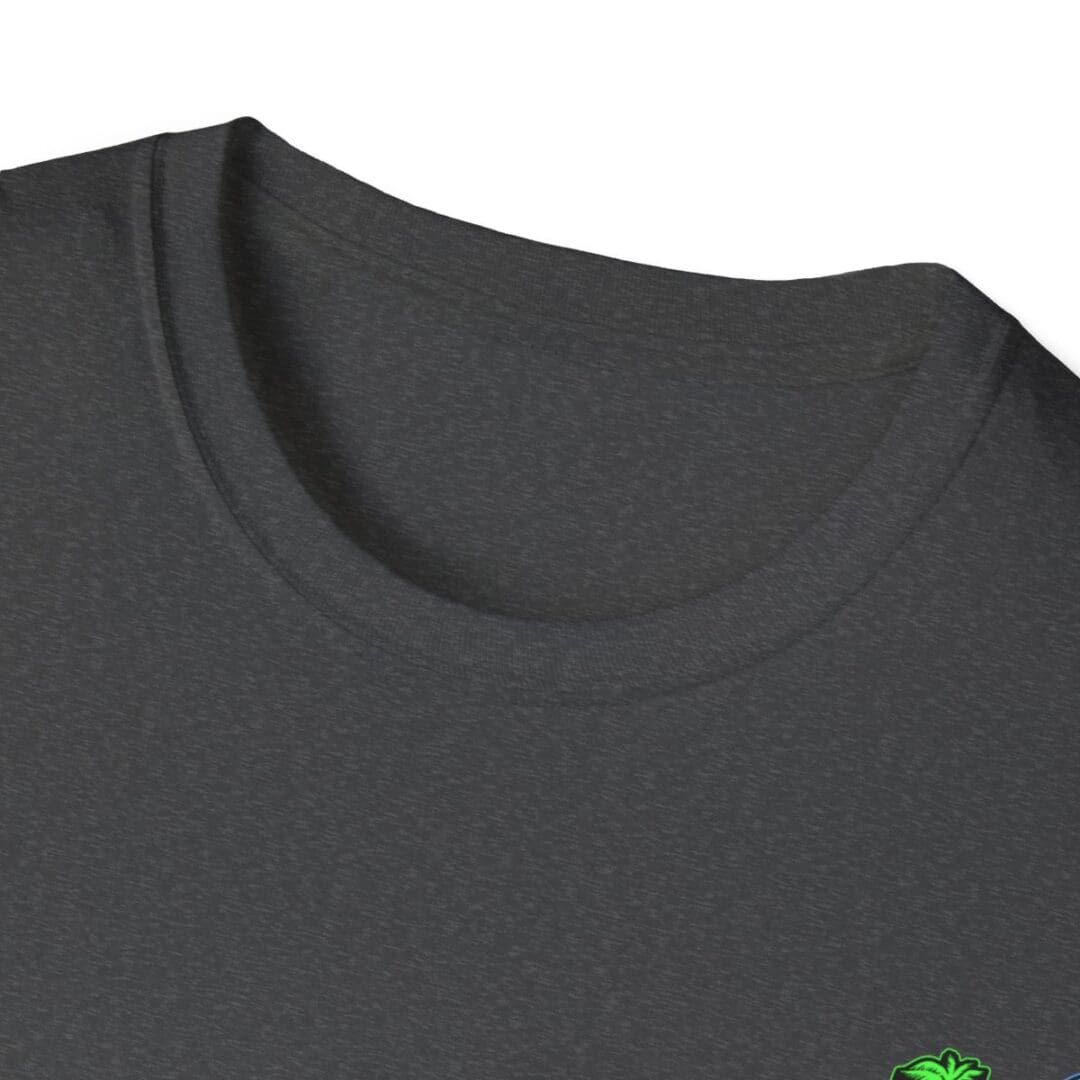 Dark gray crew neck t-shirt close-up.