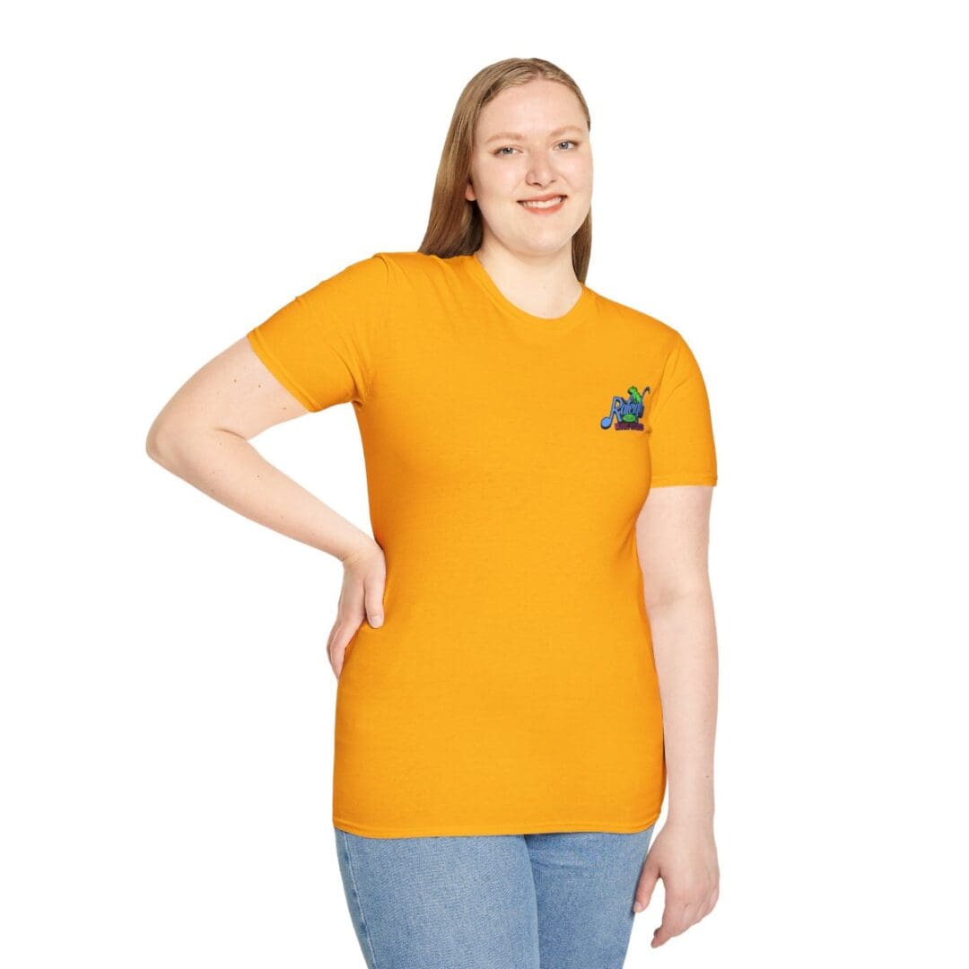Woman in mustard yellow t-shirt with logo.