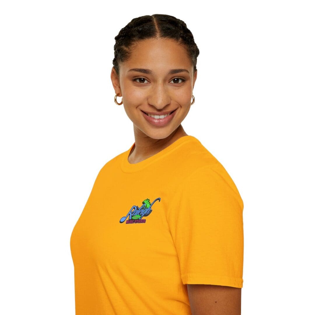 Woman in yellow shirt with logo.