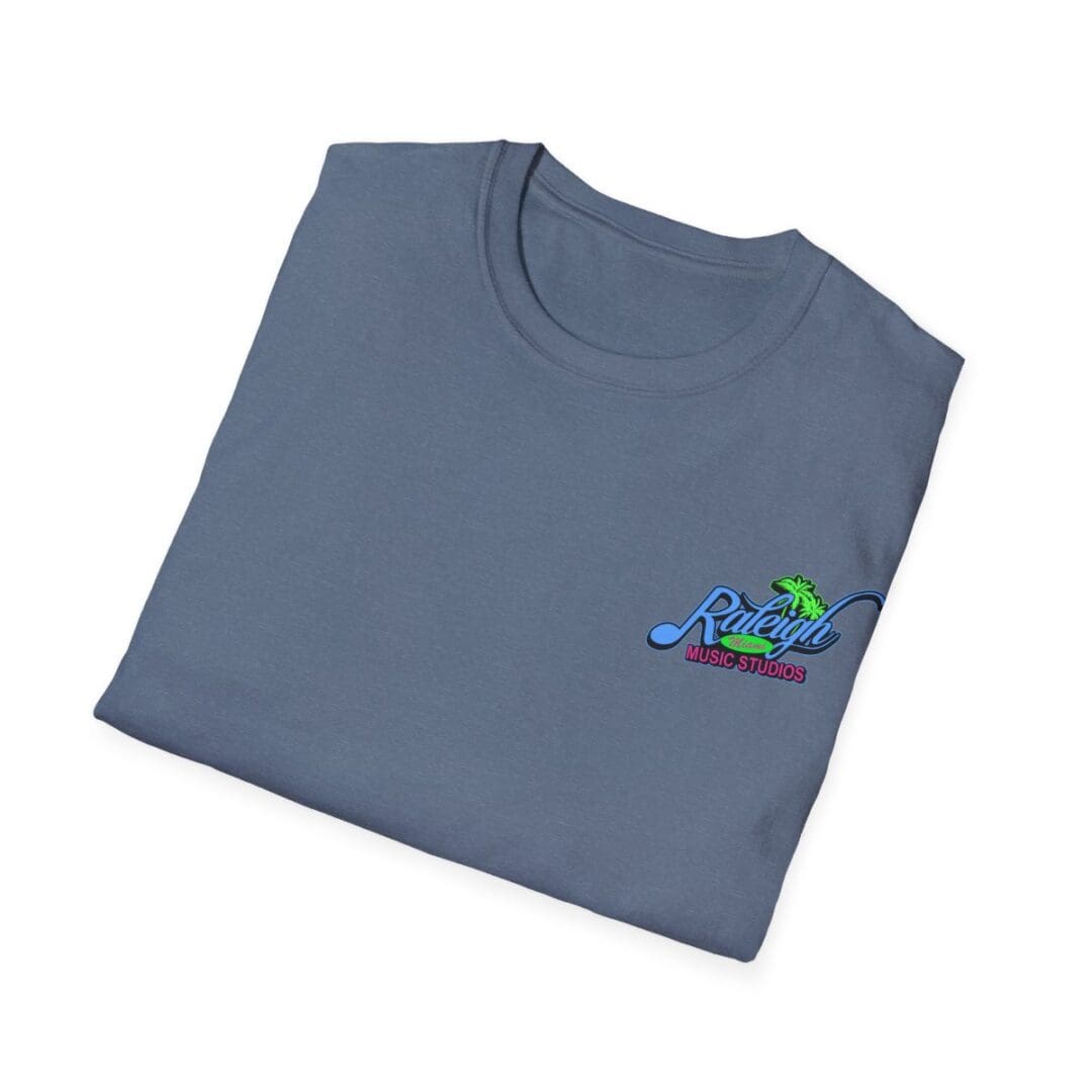 Folded blue Raleigh Music Studios t-shirt.