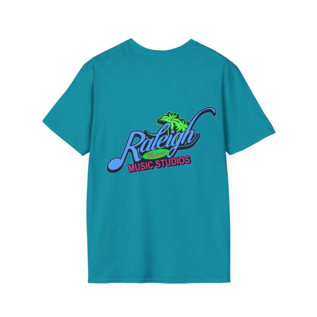 Teal T-shirt, Raleigh Music Studios logo.