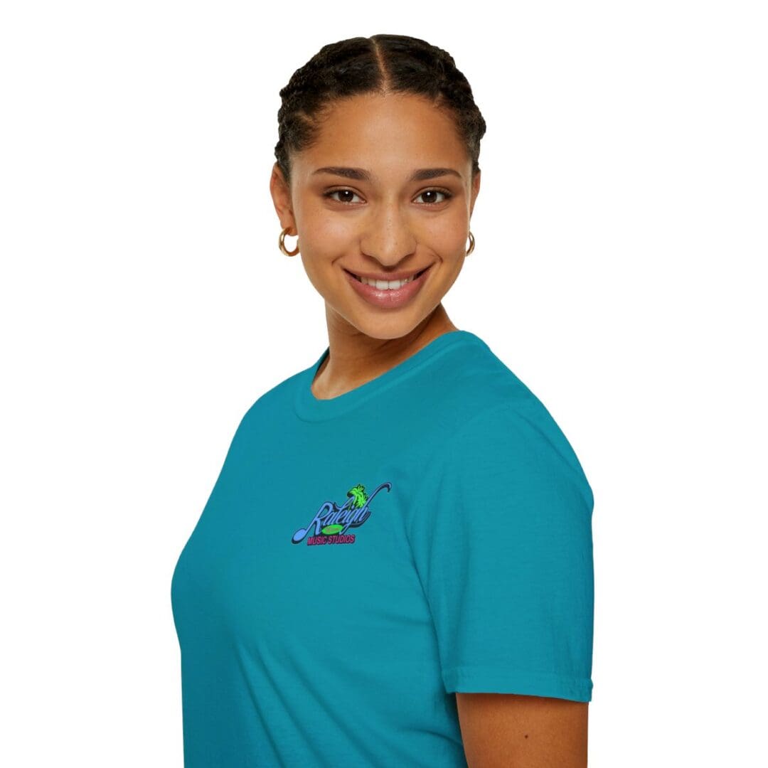 Woman in teal T-shirt with logo.