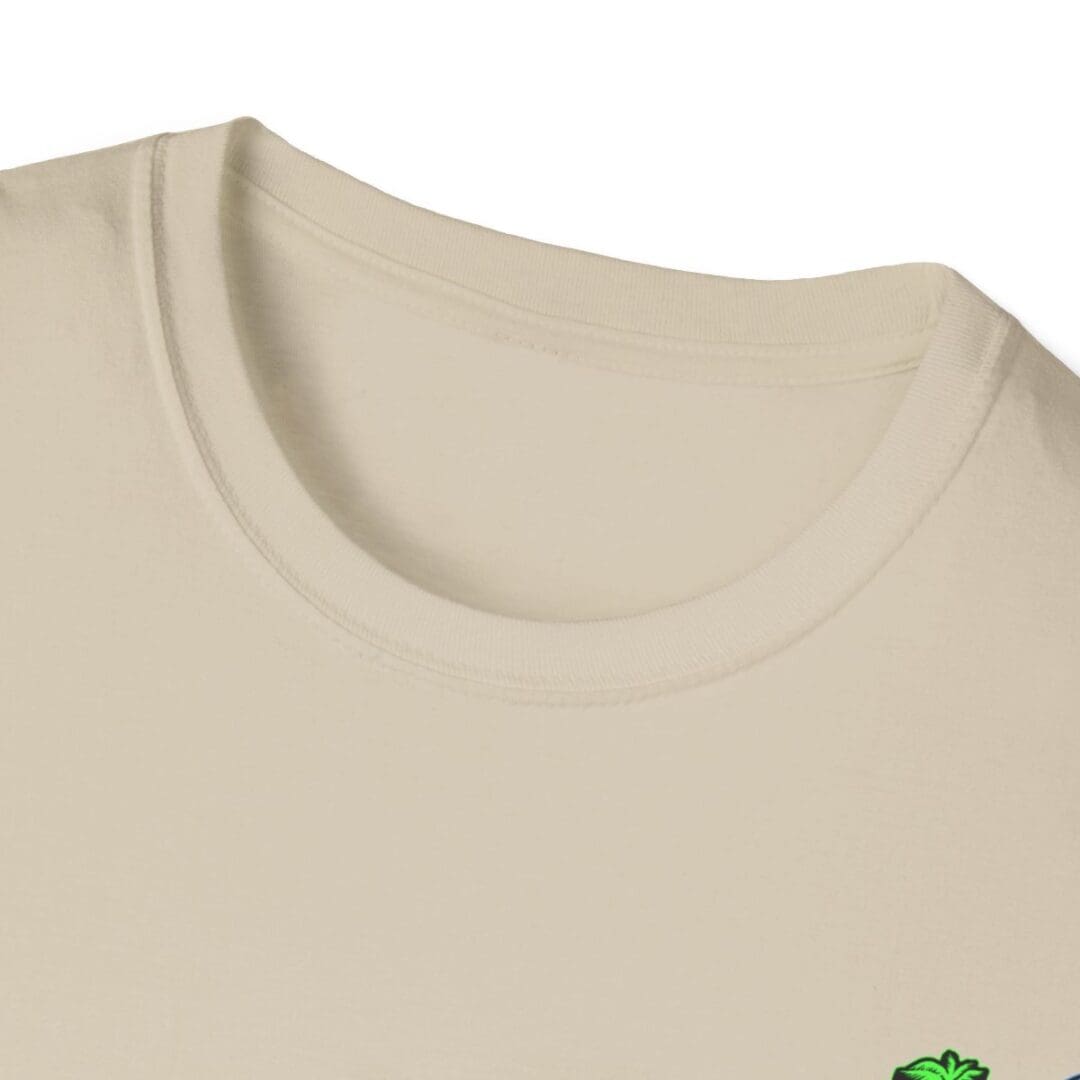 Beige crew neck t-shirt close-up.
