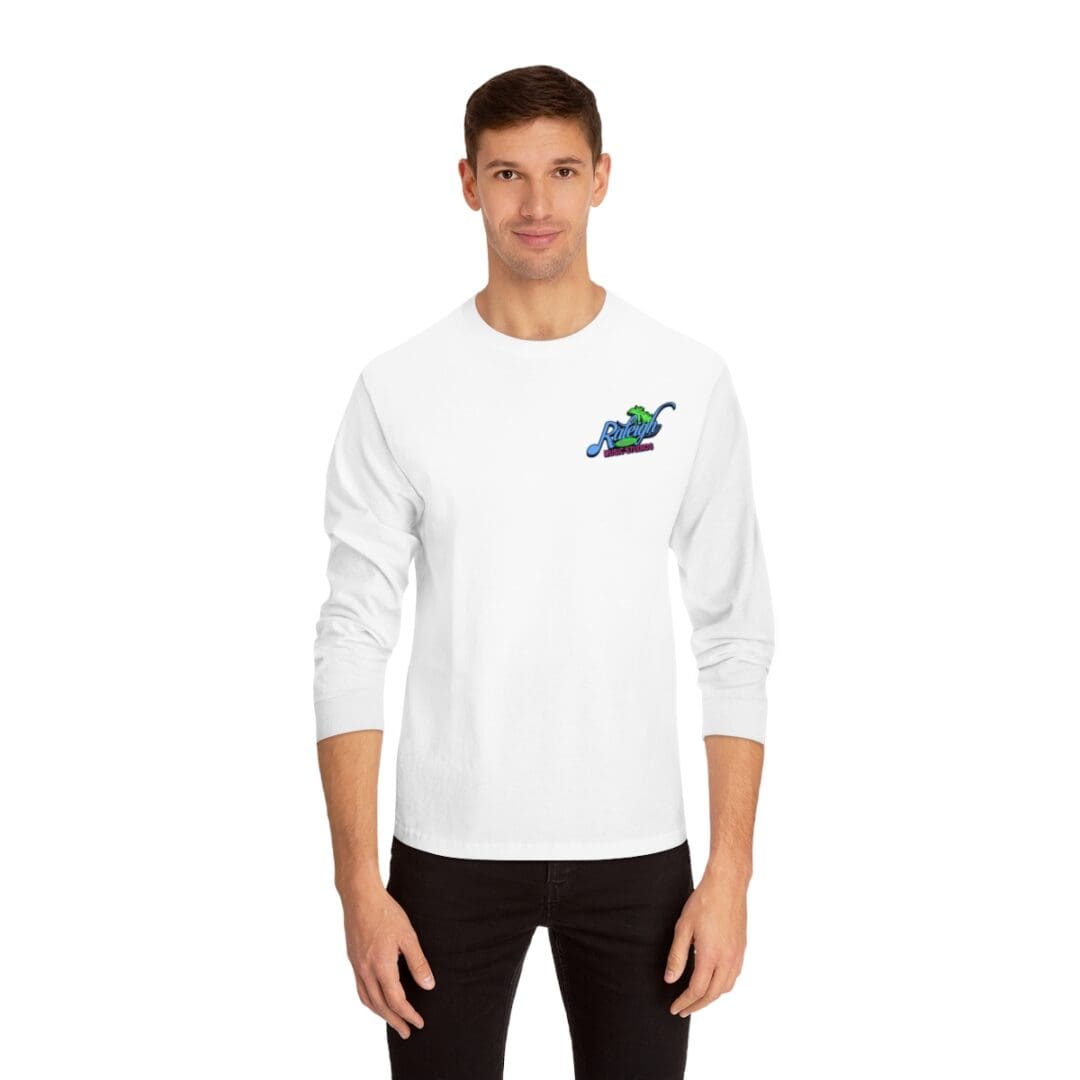 Man in white long-sleeve shirt with logo.