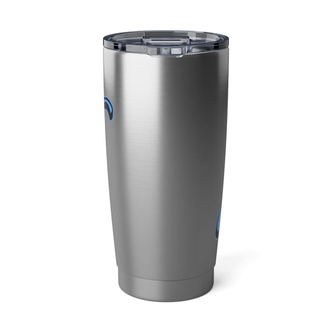 Silver tumbler with blue design.