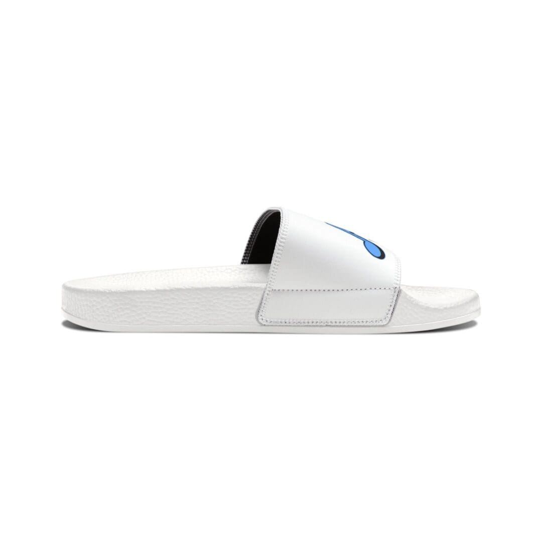 White slide sandal with blue design.